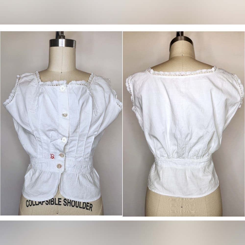 Early 1900s White Crop Top Corset Undergarment Lingerie Lace Trim Italy Antique